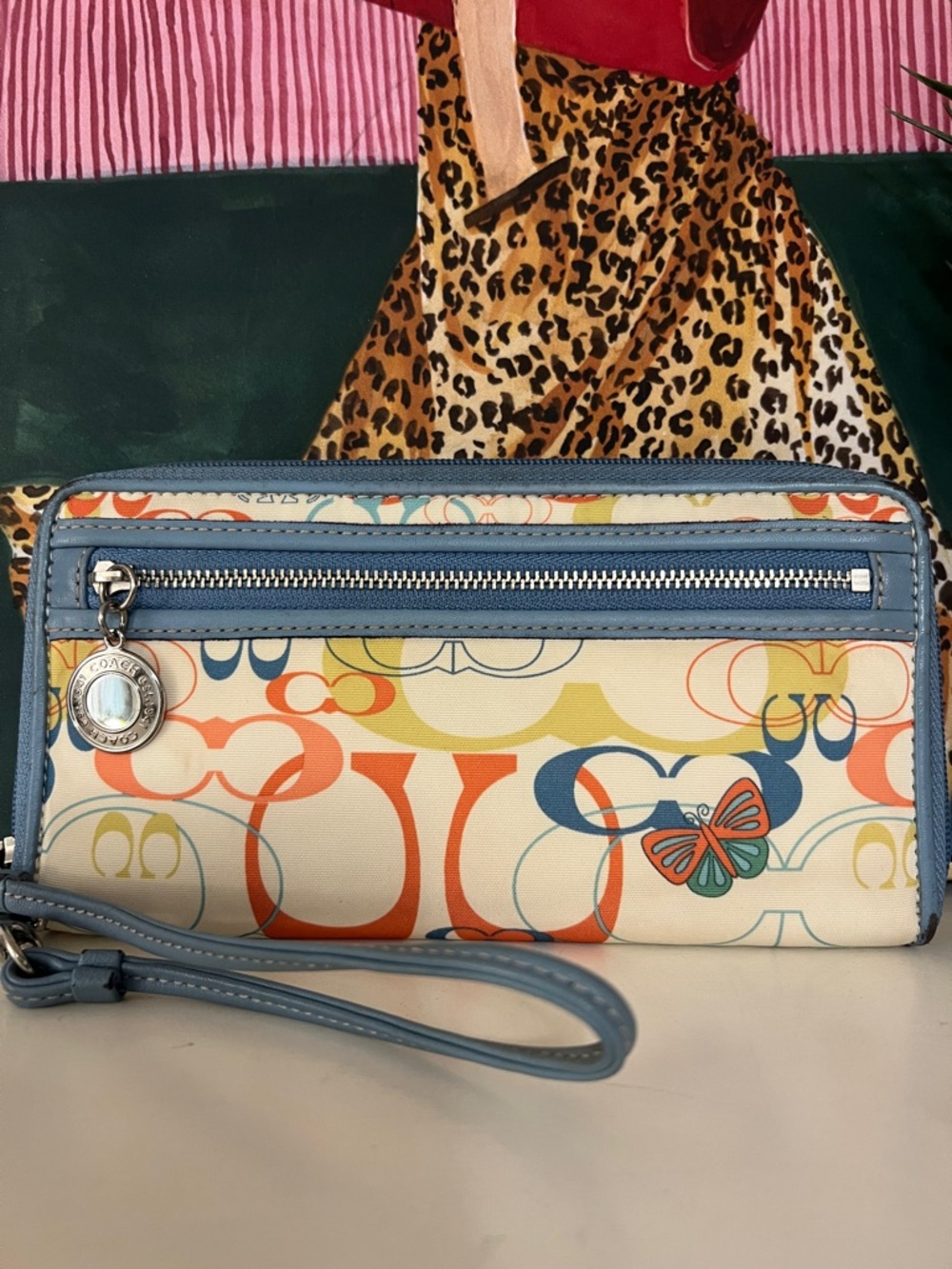 Coach Multicolor Optic Signature Butterfly Print long wallet with wrist strap